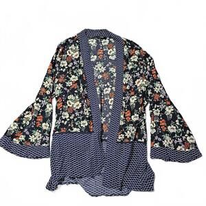Suzanne Betro Floral Kimono Womens Medium Bell Flare Sleeve Blue Cardigan